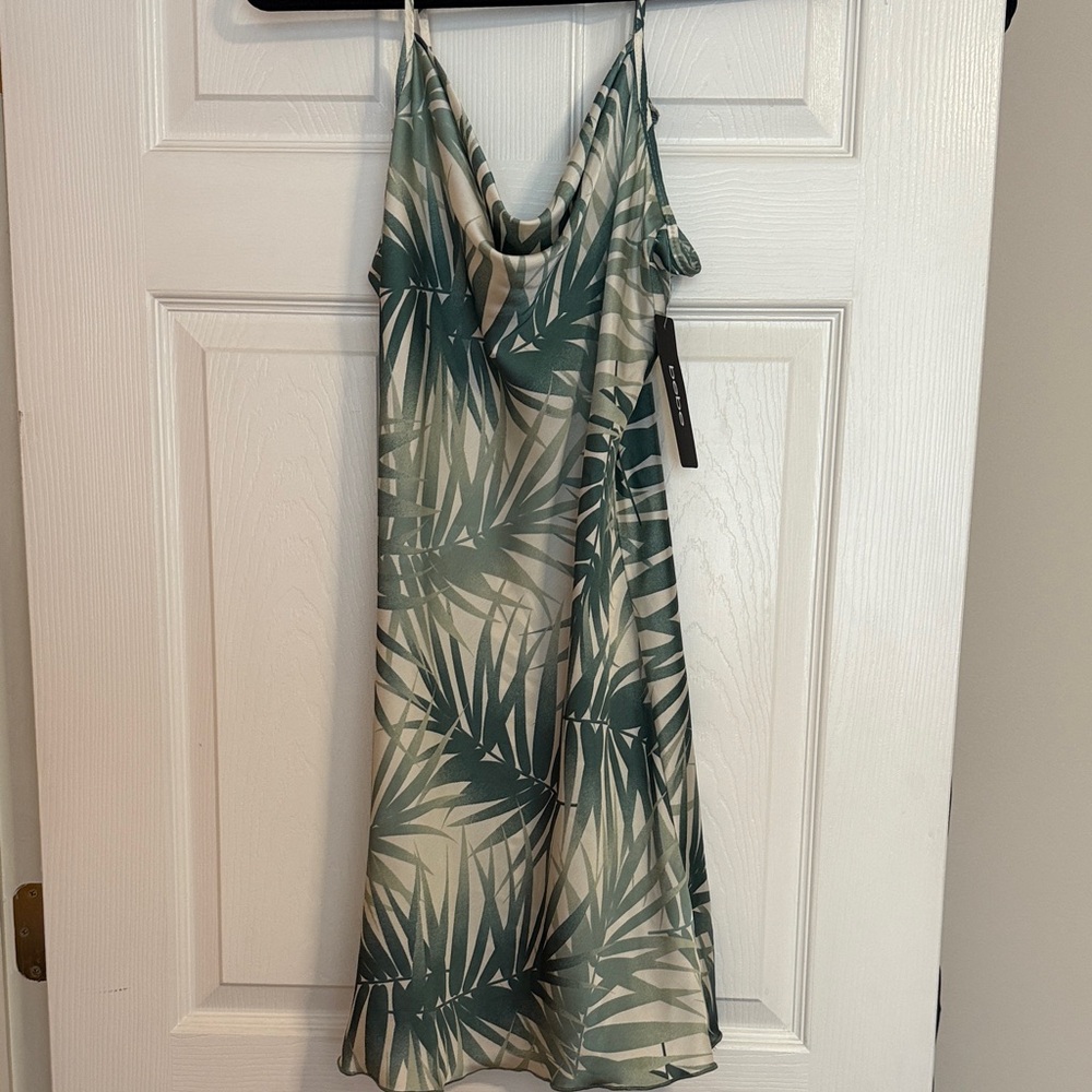 bebe Palm Leaf Mini Dress in Green and Cream